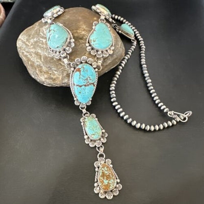 Navajo Blue Turquoise Lariat Necklace | Sterling Silver | 30" | Native American Handmade | 16488