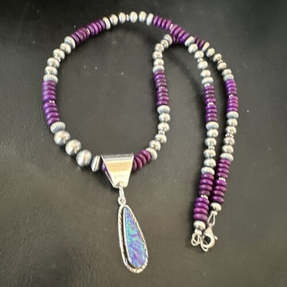 Navajo Faux Opal Pendant | Purple Sugilite Beads | Sterling Silver Necklace 21" | 16749