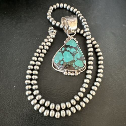 Men's Spiderweb Turquoise Pendant | Navajo Pearls Sterling Silver Necklace | Authentic Native American Handmade | 17068
