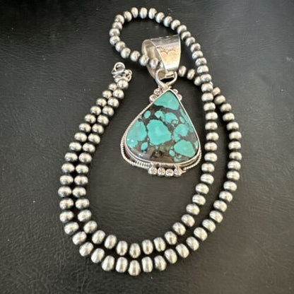 Men's Spiderweb Turquoise Pendant | Navajo Pearls Sterling Silver Necklace | Authentic Native American Handmade | 17068