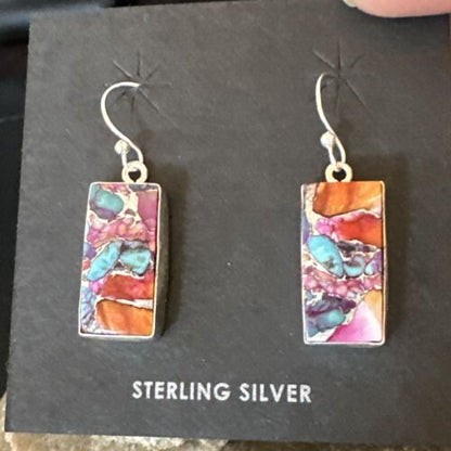 Navajo Blue Turquoise & Red Spiny Oyster Inlay Dangle Earrings | Sterling Silver | Native American Handmade | 15576