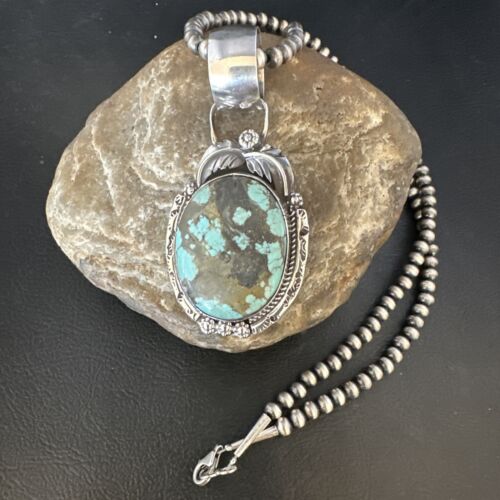 Men's Blue #8 Turquoise Pendant Necklace | Navajo Sterling Silver | Authentic Native American Handmade | 14974