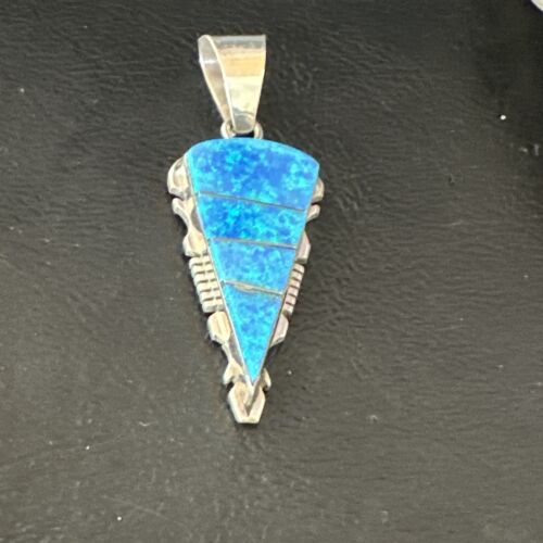 Navajo Arrowhead Blue Opal Inlay Pendant Necklace | Sterling Silver | Authentic Native American Handmade | 15677