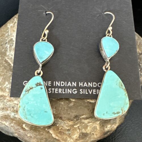 Navajo Blue Kingman Turquoise Dangle Earrings | Sterling Silver | Authentic Native American Handmade | 15102