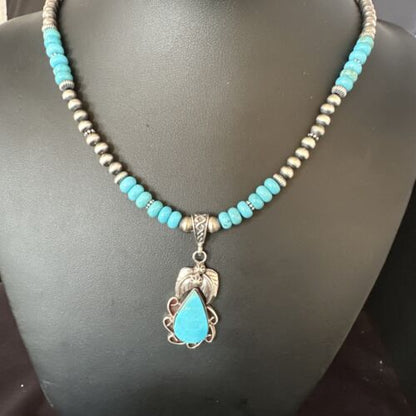 Navajo Blue Turquoise Pendant with Pearls | Sterling Silver Necklace | Authentic Native American Handmade | 15419