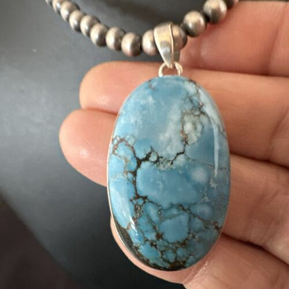 Navajo Blue Spiderweb Turquoise Pendant Necklace | Sterling Silver | Authentic Native American Handmade | 17021