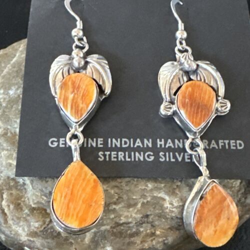 Navajo Orange Spiny Oyster Dangle Earrings | Sterling Silver | 1.5" | Authentic Native American Handmade | 16571