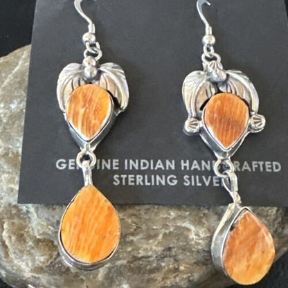 Navajo Orange Spiny Oyster Dangle Earrings | Sterling Silver | 1.5" | Authentic Native American Handmade | 16571