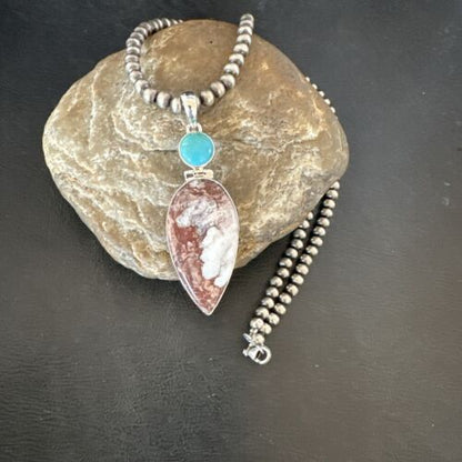 Navajo Wild Horse Blue Kingman Turquoise Necklace | Sterling Silver | Authentic Native American Handmade | 17314