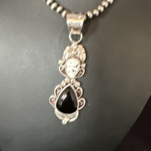 Navajo White Buffalo Turquoise & Onyx Pendant Necklace | Sterling Silver | Multi-Stone | 15315