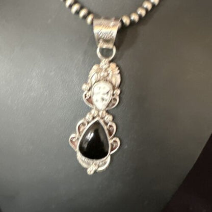 Navajo White Buffalo Turquoise & Onyx Pendant Necklace | Sterling Silver | Multi-Stone | 15315