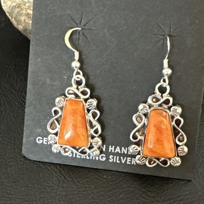 Navajo Orange Spiny Oyster Dangle Earrings | Sterling Silver | Authentic Native American Handmade | 17266