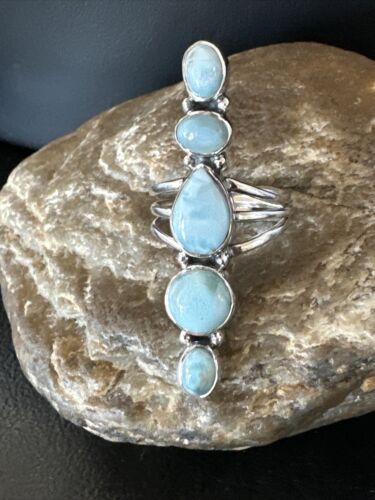 Navajo Women's Cluster Blue Larimar Ring | Authentic Native American Sterling Silver | Multi-Stone | Sz 8 | 16158
