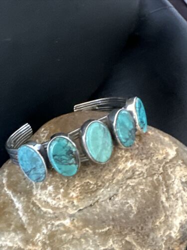 Women's Blue Turquoise 5-Stone Cuff Bracelet | Navajo Sterling Silver | Authentic Native American Jewelry | 16165