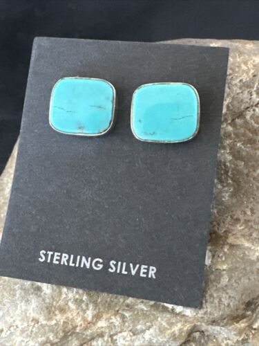 Navajo Blue Kingman Turquoise Post Stud Earrings | Sterling Silver | Authentic Native American Handmade | 17481