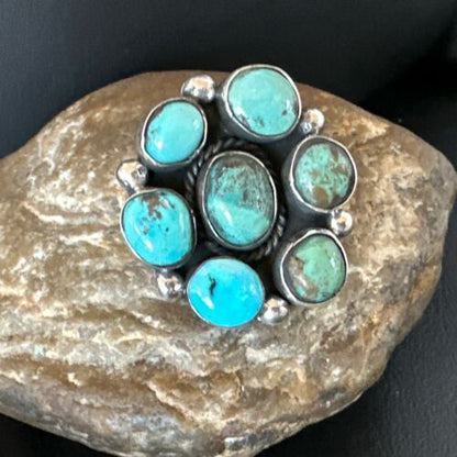 Navajo Blue Turquoise Cluster Ring | Authentic Native American Sterling Silver | Multi-Stone | Sz 9 | 17645