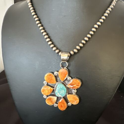Navajo Blue Turquoise | Spiny Oyster Pendant Necklace | Sterling Silver | Multi-Stone | 16861