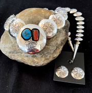 Navajo Coral Turquoise Necklace | Graduated Sterling Silver Pillow Stamped | 15635