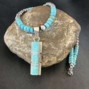 Turquoise #8 Inlay Pendant Necklace | Navajo Sterling Silver | Authentic Native American Handmade | 17073