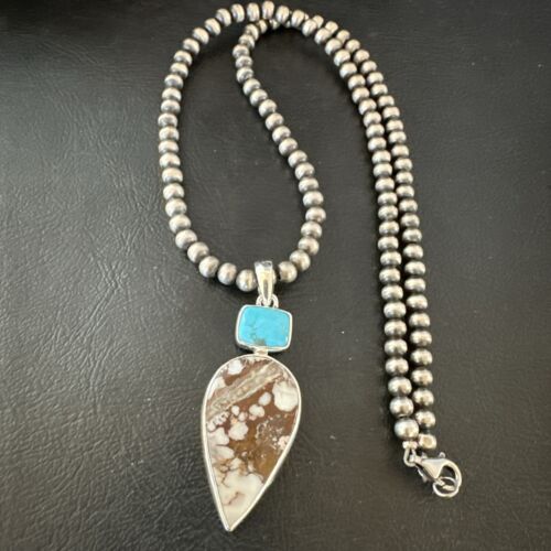 Navajo Wild Horse | Blue Kingman Turquoise Necklace | Sterling Silver | Authentic Native American Handmade | 17310
