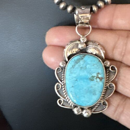 Navajo Kingman Turquoise Pendant Necklace | Sterling Silver Pearls | Authentic Native American Handmade | 15214