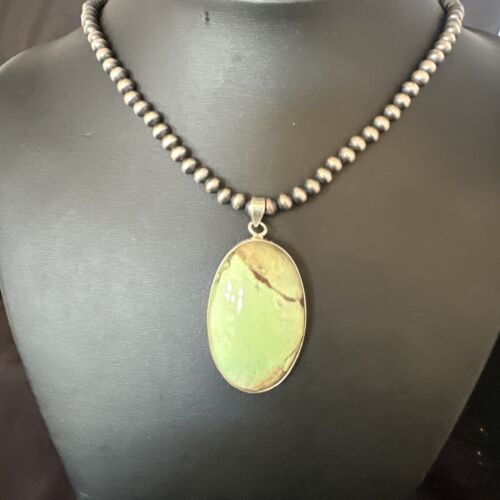 Navajo Green Gaspeite Pendant Necklace | Sterling Silver | Authentic Native American Handmade | 15484