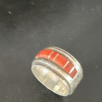 Navajo Coral Inlay Ring | Sterling Silver | Sz 11 | Authentic Native American Handmade | 15912