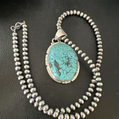 Men's Navajo Blue Spiderweb Turquoise Pendant Necklace | Sterling Silver | Authentic Native American Handmade | 16200