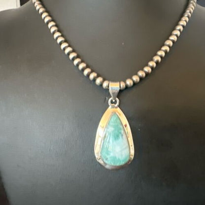 Navajo Blue Larimar Pendant Necklace | Sterling Silver Beads | Authentic Native American Handmade | 17564