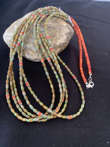 Navajo Sterling Silver Graduated Turquoise Spiny Bead Necklace | 3 Strand | Authentic Native American Handmade | 00577