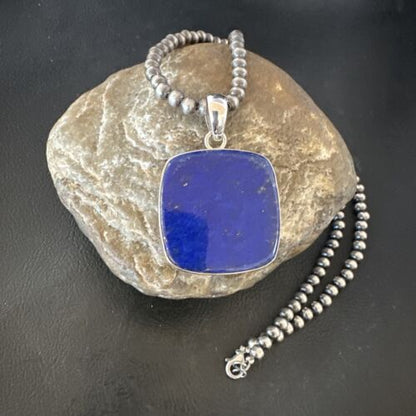 Navajo Blue Lapis Pendant with Pearls | Sterling Silver Necklace | 20" | Authentic Native American Handmade | 16665