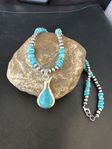 Navajo Kingman Turquoise Pendant Necklace | Sterling Silver | Native American Handmade | 14830