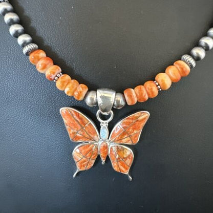 Navajo Butterfly Orange Spiny Oyster Inlay Sterling Silver Pendant Necklace | 15428