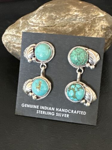 Navajo Blue Green Turquoise Dangle Earrings | Sterling Silver | 1.5" | Authentic Native American Handmade | 17389