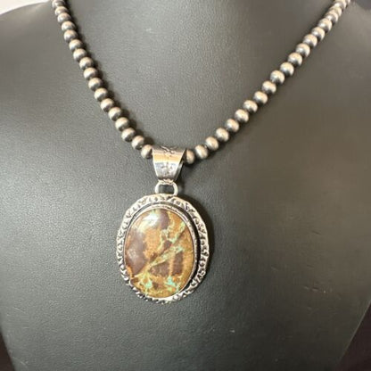Navajo Green Gaspeite Pendant Necklace | Sterling Silver | Authentic Native American Handmade | 16360