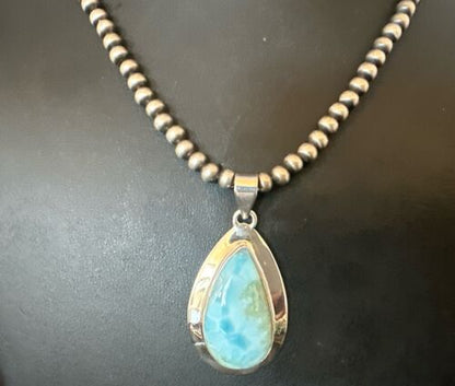 Navajo Blue Larimar Pendant Necklace | Sterling Silver Beads | Authentic Native American Handmade | 17565