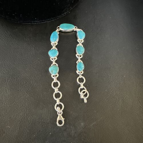 Navajo Blue Turquoise Link Bracelet | Sterling Silver | 8" | Authentic Native American Handmade | 15476 - Masha USA