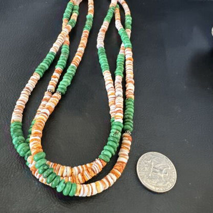 Navajo Green Turquoise Spiny Oyster Necklace | Sterling Silver | Authentic Native American Handmade | 17534
