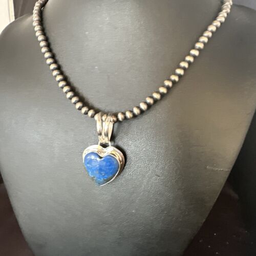 Navajo Blue Heart Lapis Pendant Necklace | Sterling Silver Pearls | Authentic Native American Handmade | 15019