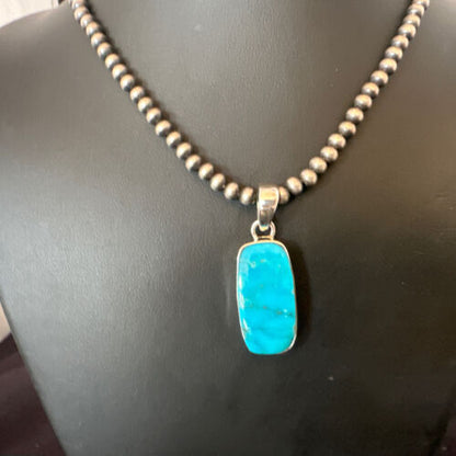 Navajo Blue Kingman Turquoise Pendant Necklace | Sterling Silver | 20" | Authentic Native American Handmade | 16701