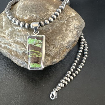 Navajo Green Gaspeite Pendant Necklace | Sterling Silver | Authentic Native American Handmade | 16361