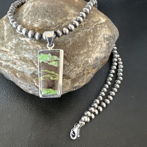 Navajo Green Gaspeite Pendant Necklace | Sterling Silver | Authentic Native American Handmade | 16361