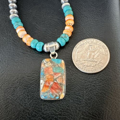 Navajo Spiny Turquoise Pendant Necklace | Sterling Silver | 21" | Authentic Native American Handmade | 17513