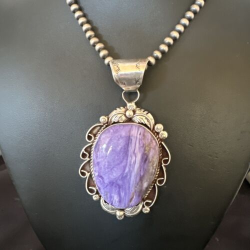 Navajo Purple Charoite Pendant with Pearls | Sterling Silver Necklace | Authentic Native American Handmade | 16654