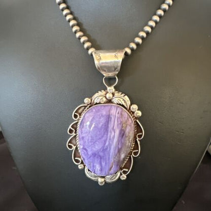 Navajo Purple Charoite Pendant with Pearls | Sterling Silver Necklace | Authentic Native American Handmade | 16654