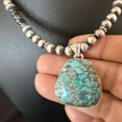 Men's Navajo Blue Spiderweb Turquoise Pendant Necklace | Sterling Silver | Authentic Native American Handmade | 16241