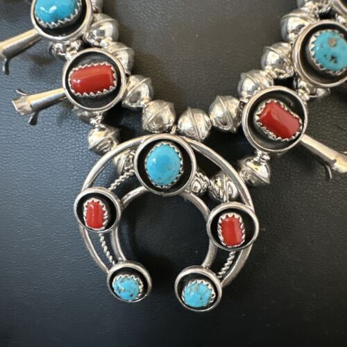 Navajo Shadowbox Coral Kingman Turquoise Squash Blossom Necklace | Sterling Silver | 17" | 16113