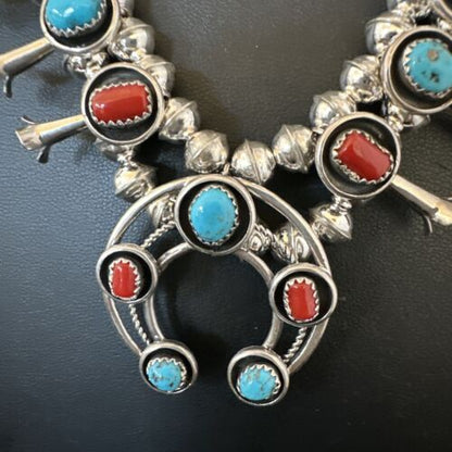 Navajo Shadowbox Coral Kingman Turquoise Squash Blossom Necklace | Sterling Silver | 17" | 16113