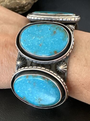 XL Men's Kingman Turquoise 3 Stone Cuff Bracelet | Navajo Sterling Silver | Authentic Native American Handmade | 15851