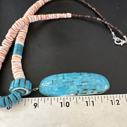 Santo Domingo Turquoise Spiny Oyster Inlay Pendant Necklace | Sterling Silver | 22" | 17437